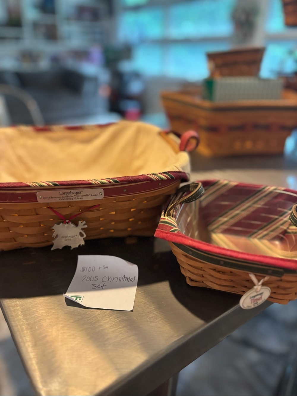 Longaberger Red and Cream Plaid Fabric-Lined Basket Duo